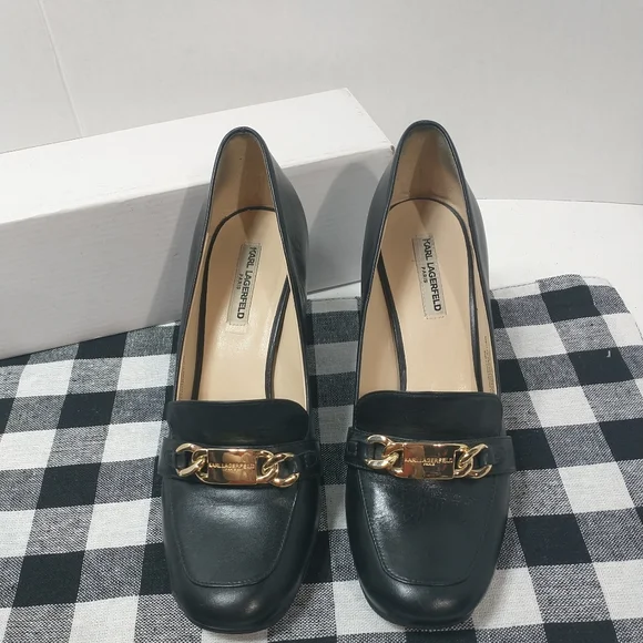 KARL LAGERFELD PARIS BLACK LEATHER KARI LOAFERS  3.5" HEEL size US 8M - Picture 4 of 8
